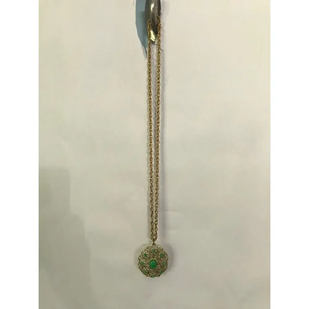 Vintage Western Germany Gold Tone Filigree Medallion Necklace Green Stones